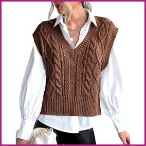 V-Neck Sleeveless Sweater Vest, Ribbed Knit Pullover, 60% Cotton 40% Acrylic